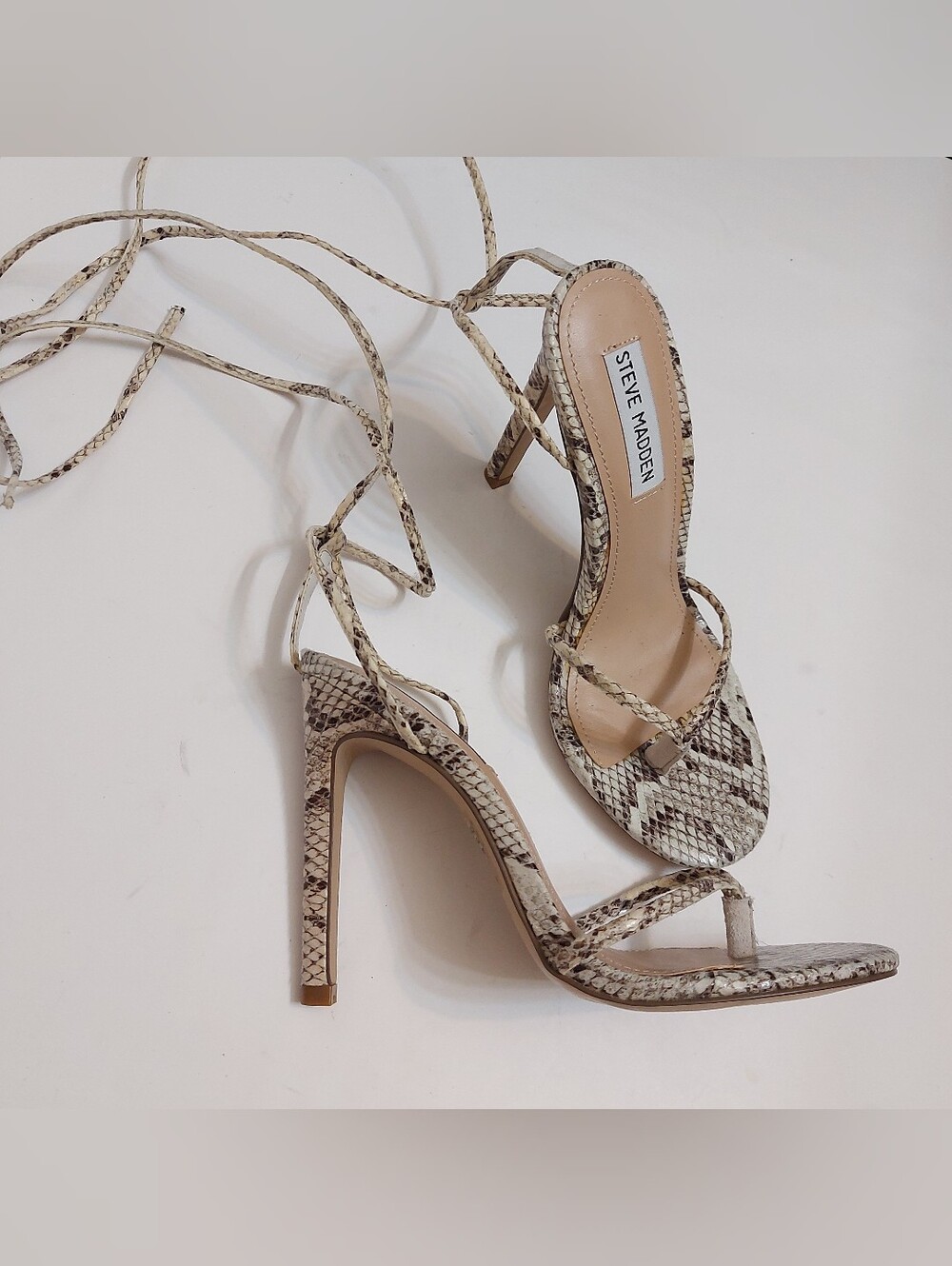Steve Madden Snake-Print Lace-Up Stiletto Sandals in Beige